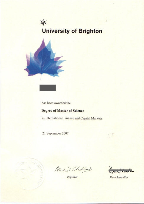 英国布莱顿大学毕业证样本