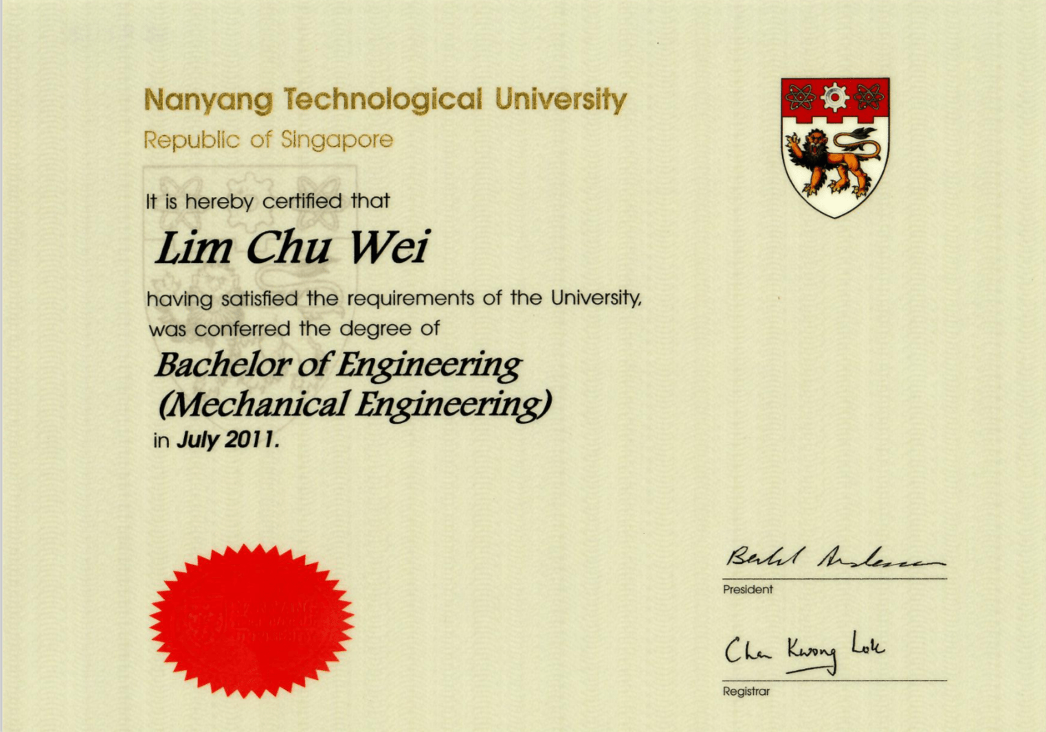 新加坡南洋理工大学毕业证样本