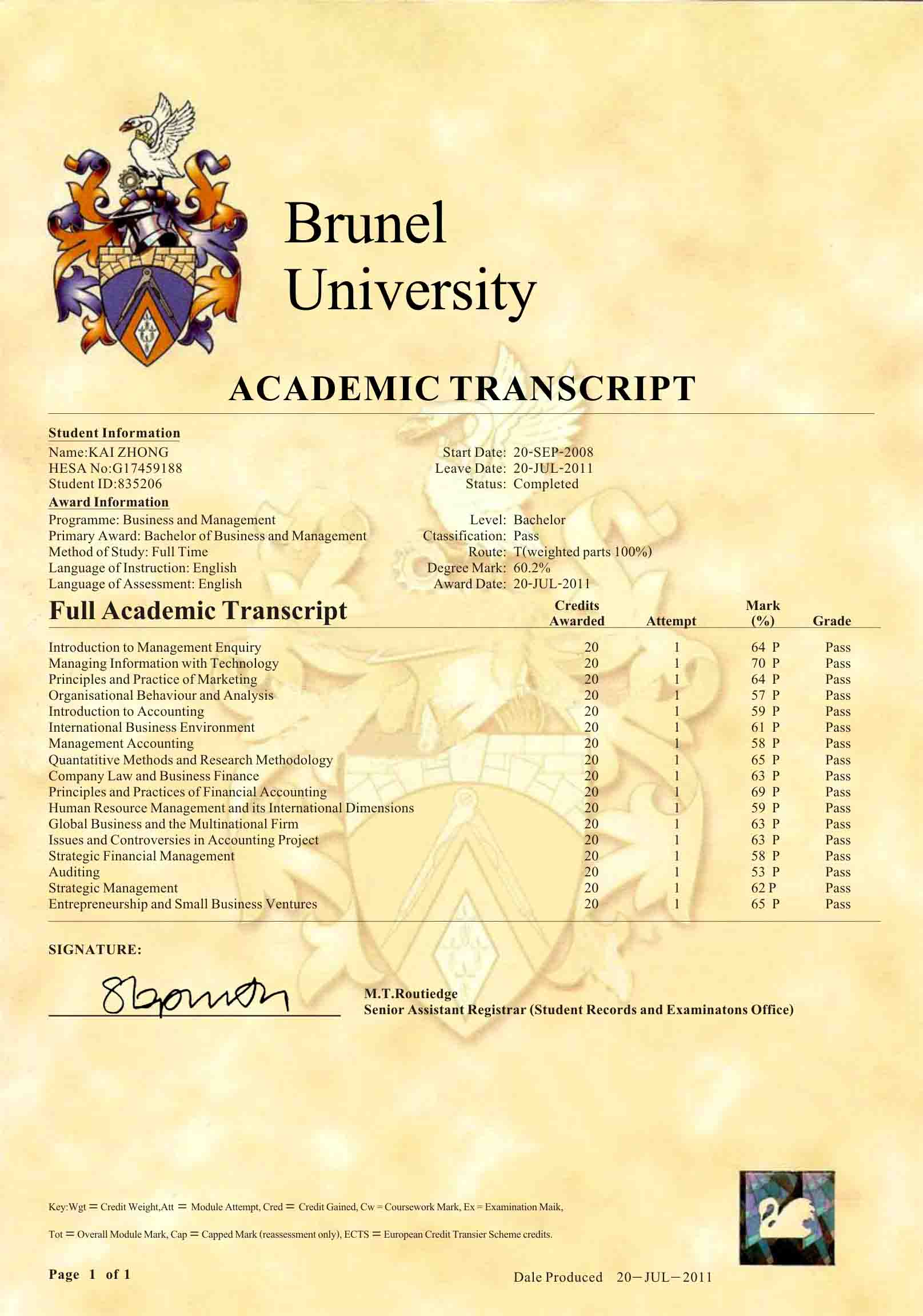 英国布鲁奈尔大学毕业证样本
