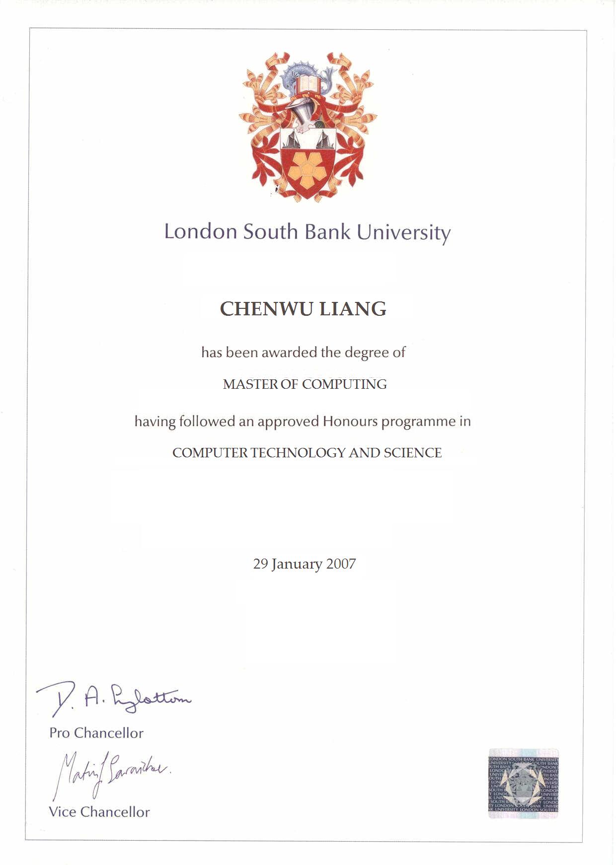 英国伦敦南岸大学毕业证样本