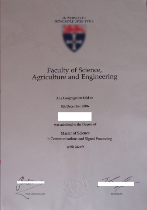 英国纽卡斯尔大学毕业证样本