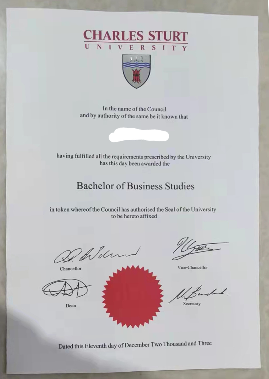 澳大利亚查尔斯特大学毕业证样本