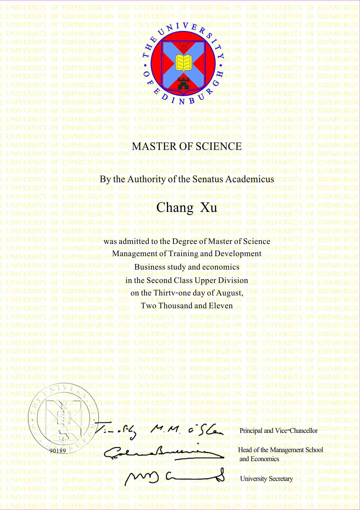 英国爱丁堡大学毕业证样本
