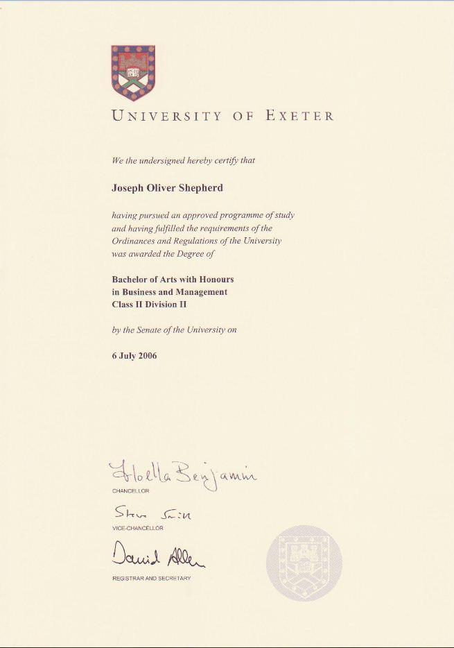 英国埃克塞特大学毕业证样本