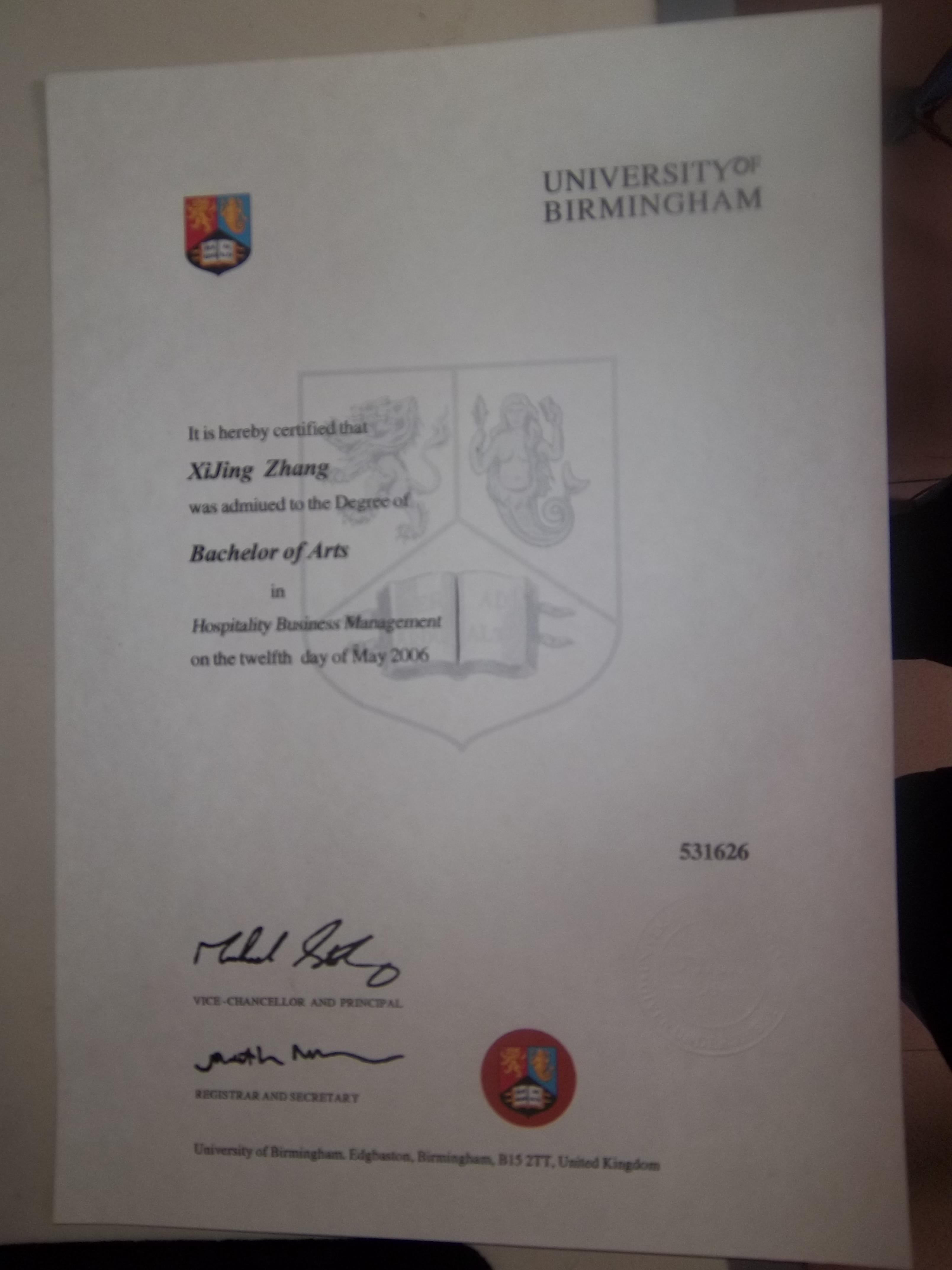英国伯明翰大学毕业证书样本