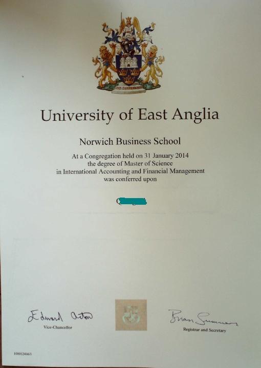 英国东安格利亚大学毕业证样本